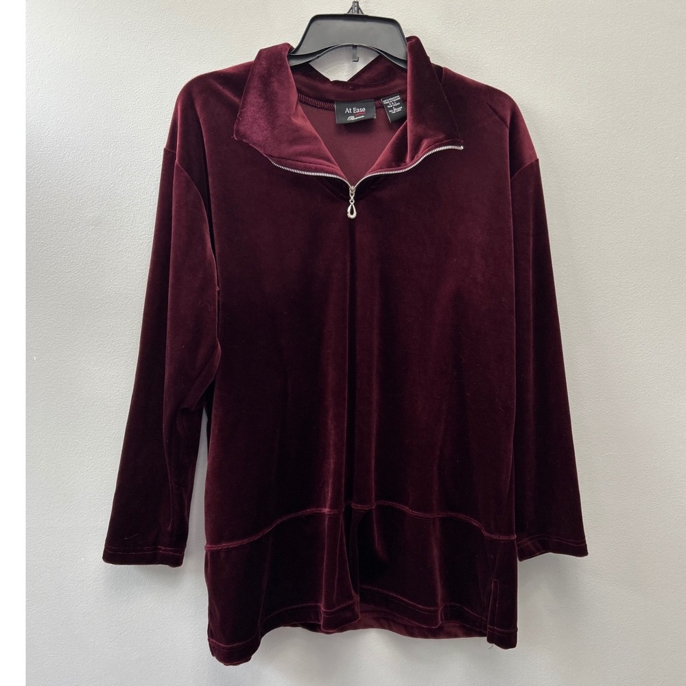 At Ease Parisian Womens Large Burgundy Velvet Quarter Zip Pullover Mock Neck Top